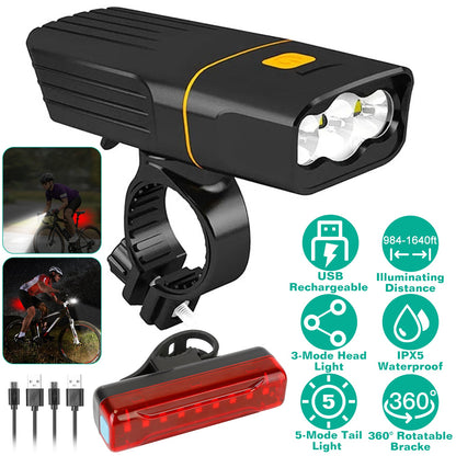 USB Rechargeable Bike Light Set with Headlight and Taillight