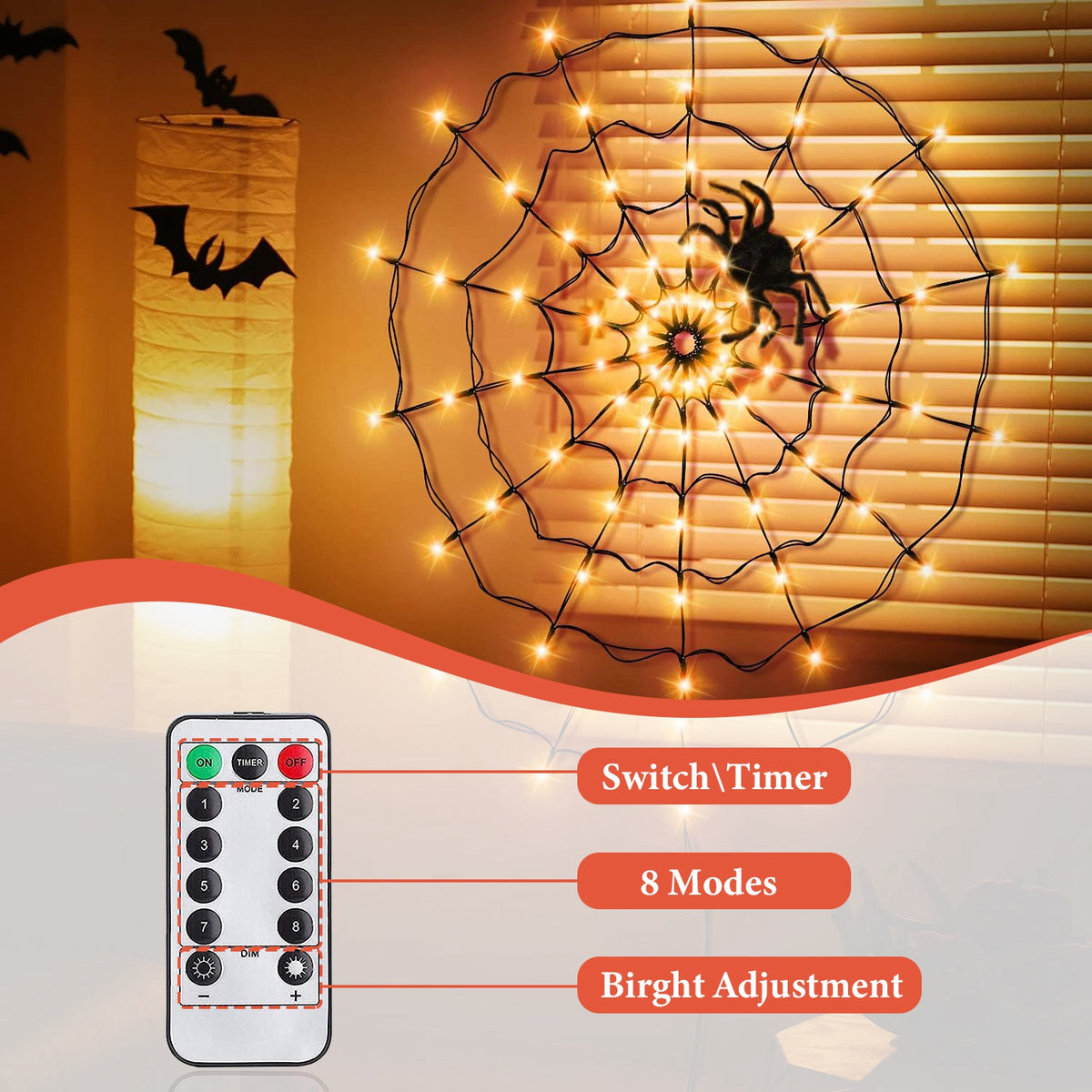 Spider Web Light with Hairy Spider - 70 LED Halloween Decoration