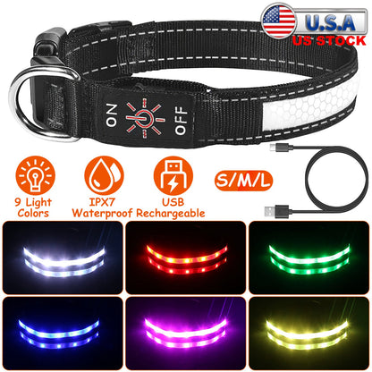 LED Dog Collar with 9 Light Colors - USB Rechargeable Waterproof