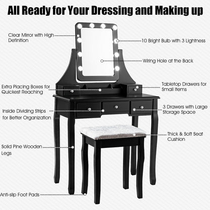 Vanity Dressing Table Set with 10 Dimmable Bulbs & Stool