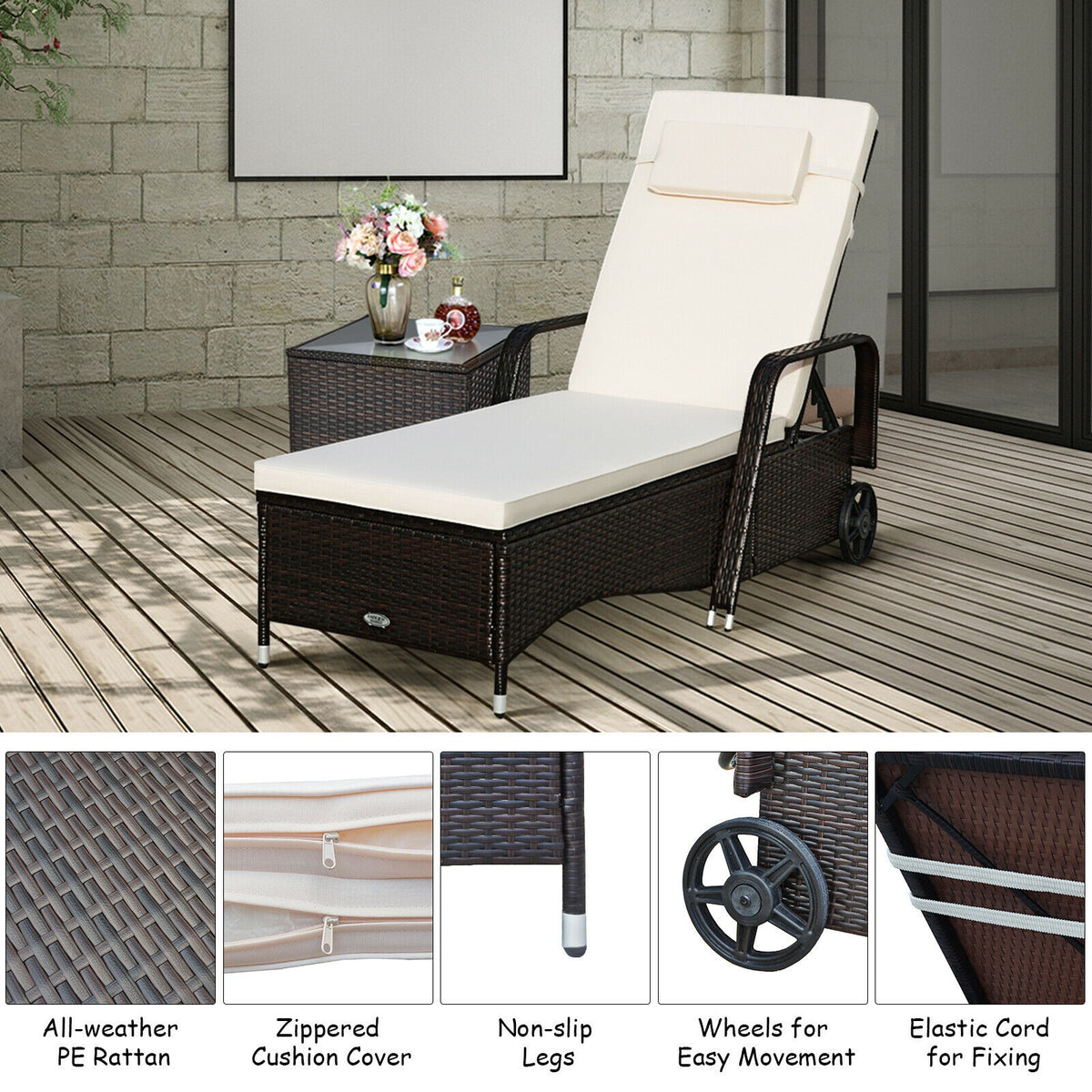Adjustable Chaise Lounge with Cushion and Wheels
