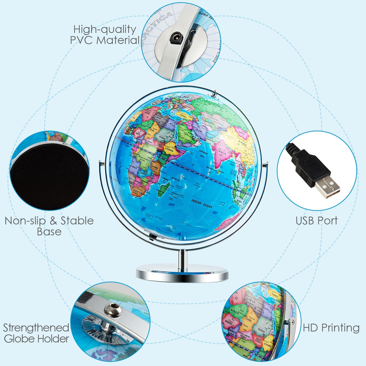 13 Inch Illuminated World Globe 720° Rotating Map with LED Light