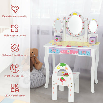 Kids Vanity Table Set with Tri-Fold Mirror and Chair