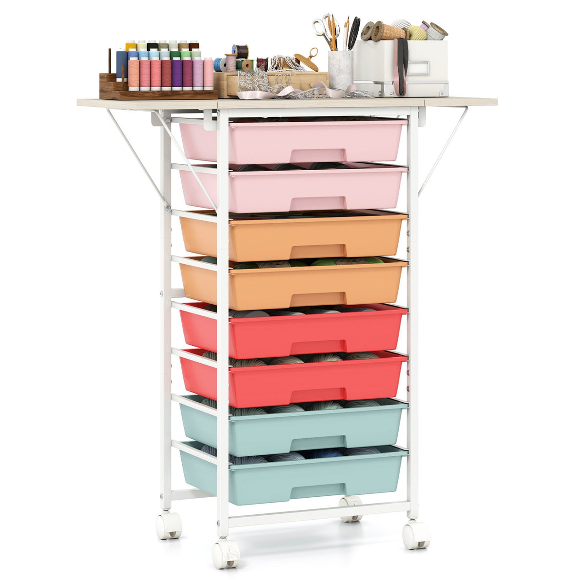 8-Drawer Rolling Storage Cart with Wooden Tabletop