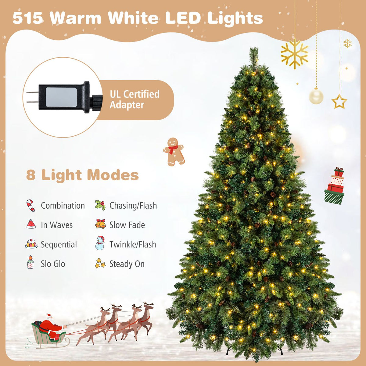 8 FT Pre-Lit Artificial Christmas Tree with 310/400/515 Warm White LED Lights and 8