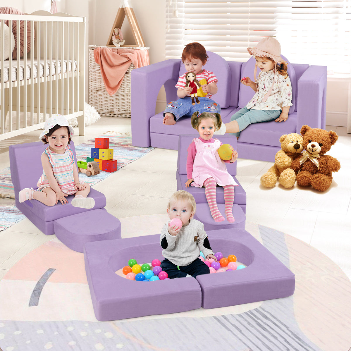 8-Piece Modular Kids Play Couch with Suede Fabric
