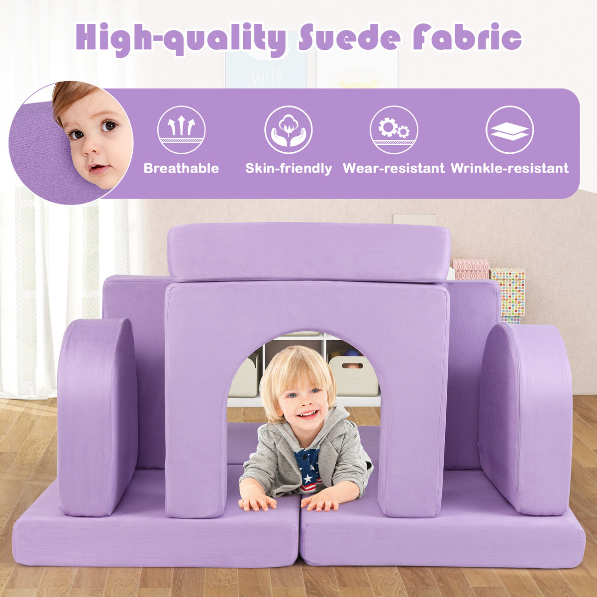 8-Piece Modular Kids Play Couch with Suede Fabric
