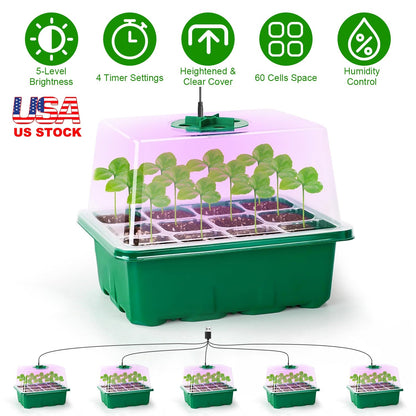 5Packs Seed Starter Tray With Grow Light Humidity Dome Germination Kit with 5-Level Brightness 4 Timers for Indoor Greenhouse