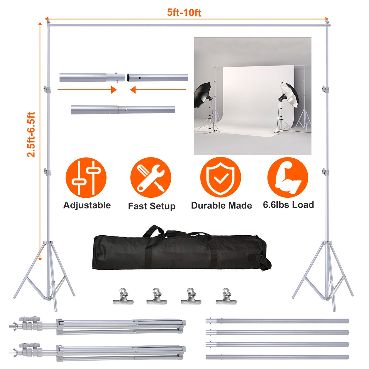 Backdrop Stand 6.5x10ft Adjustable Photography Support System