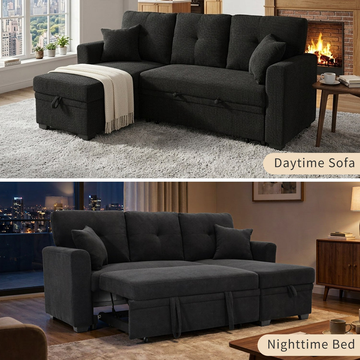 Sleeper Sofa with Pull-Out Bed, L-Shaped Sectional Couch with Reversible Chaise and Storage, Foil Fabric Upholstered Sof