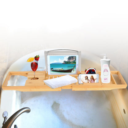 Bamboo Bathtub Caddy Tray with Extendable Arms & Wine Holder