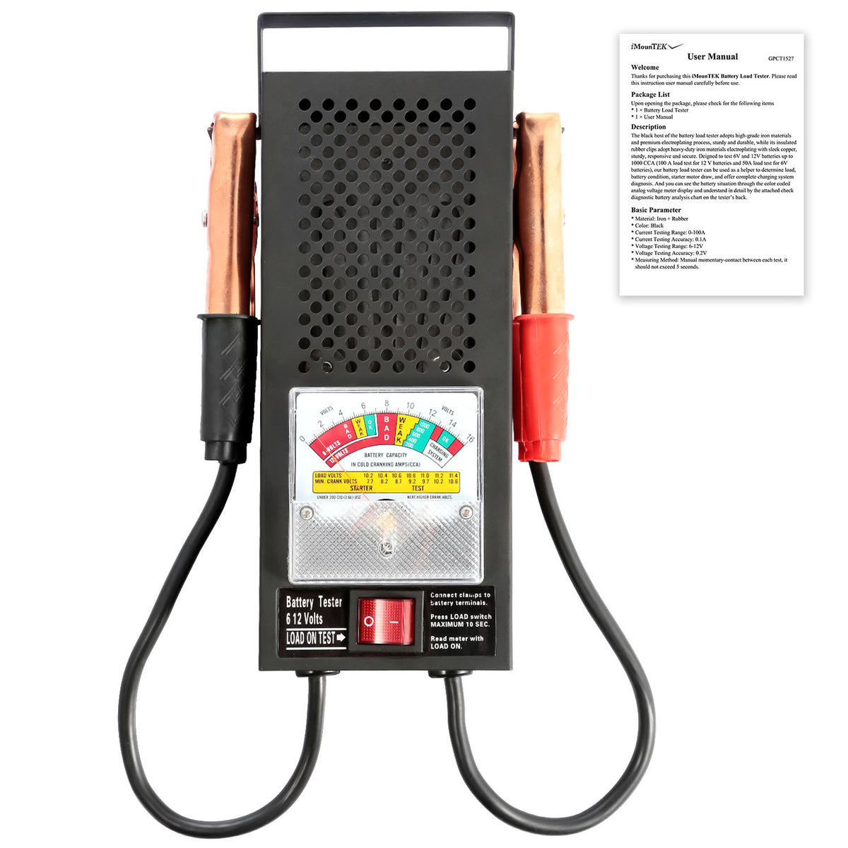 Battery Load Tester 6-12V 100A with Insulated Copper Clips