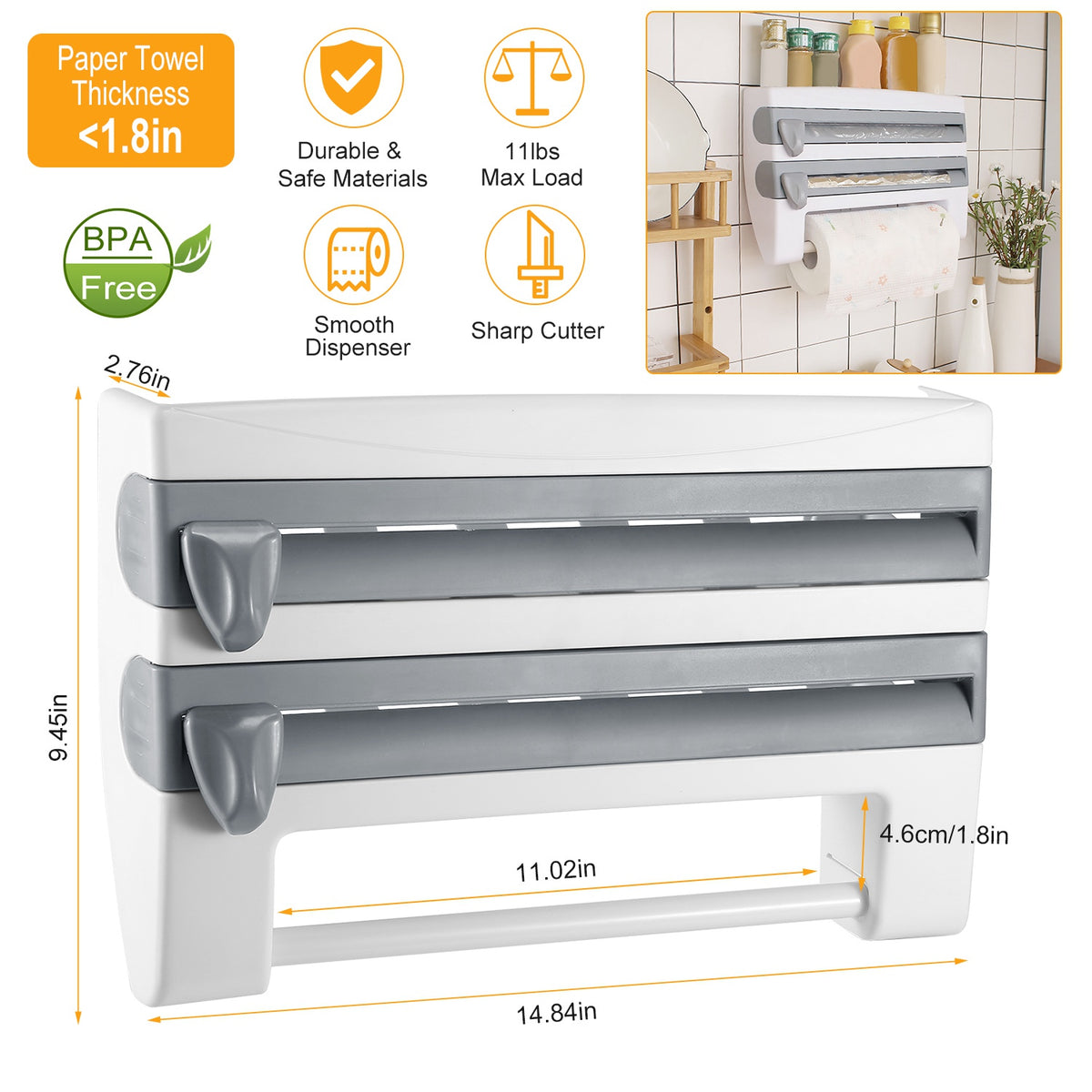 Kitchen Roll Dispenser Paper Roll Holder Plastic Wrap Film Foil Paper Organizer w/ Cutter Wall Mounted for Kitchen Bathr