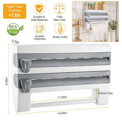 Kitchen Roll Dispenser Paper Roll Holder Plastic Wrap Film Foil Paper Organizer w/ Cutter Wall Mounted for Kitchen Bathr