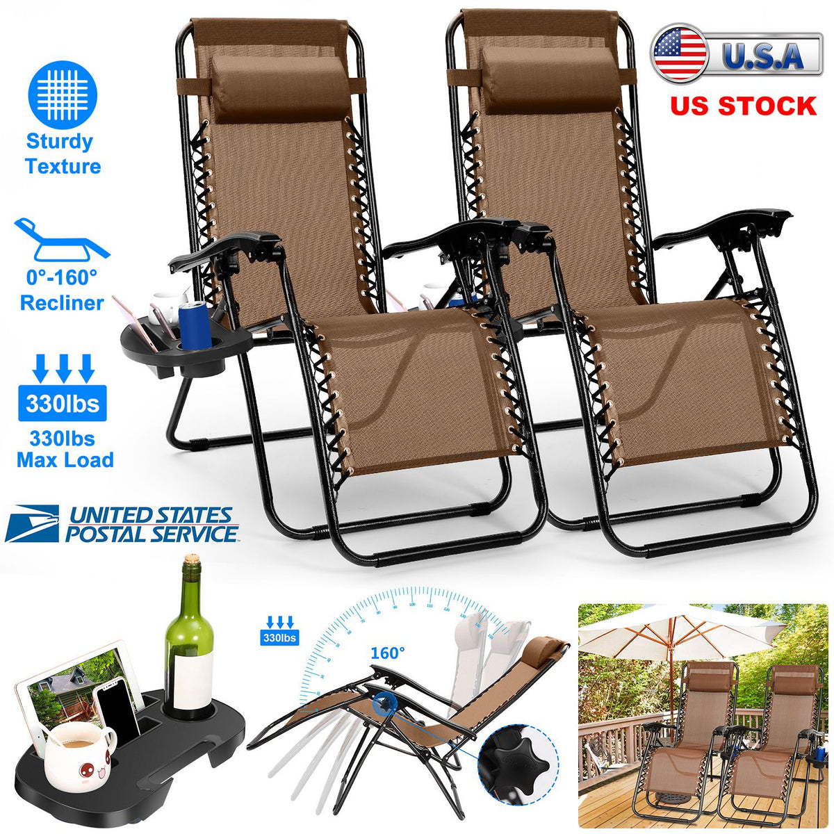 Zero Gravity Lounge Chair Set with Side Trays (2-Pack)