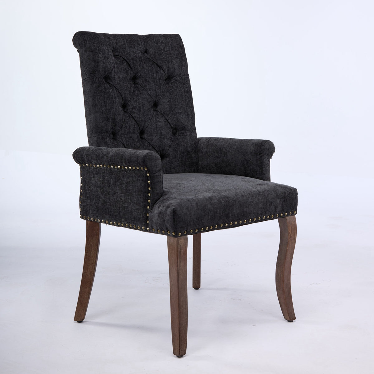 Upholstered Chenille Fabric Tufted Arm Dining Chair, Curved Solid Rubberwood Legs, Elegant Nailhead Trim Accent Chair fo