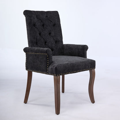 Upholstered Chenille Fabric Tufted Arm Dining Chair, Curved Solid Rubberwood Legs, Elegant Nailhead Trim Accent Chair fo