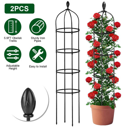 2 Packs Garden Obelisk Trellis 5.9FT Plants Tower for Climbing Plants Flower Vegetable Vine Support Rustproof Garden Plant Trellis Black