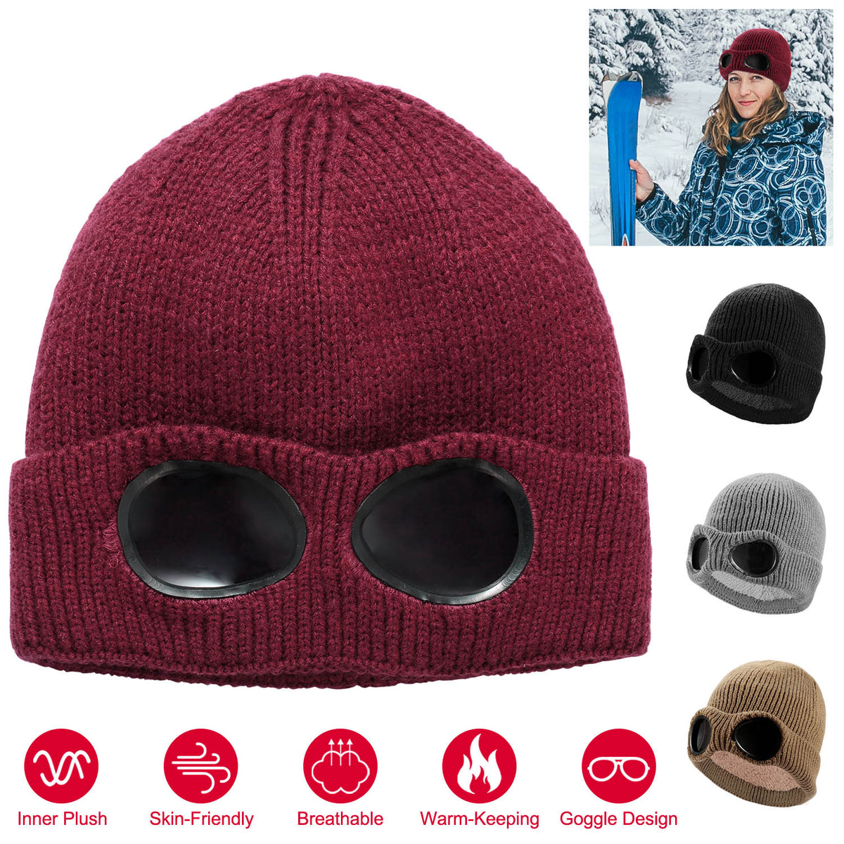 Knit Beanie Hat with Goggle - Warm Winter Skull Cap