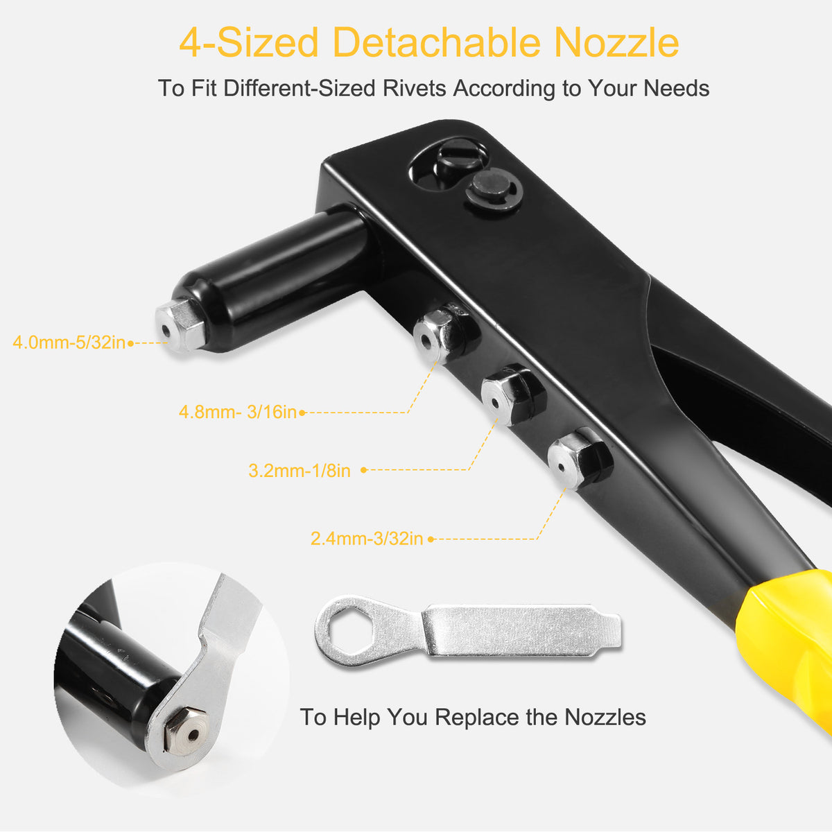 Heavy Duty Hand Riveter Gun with 4 Nozzles and Wrench