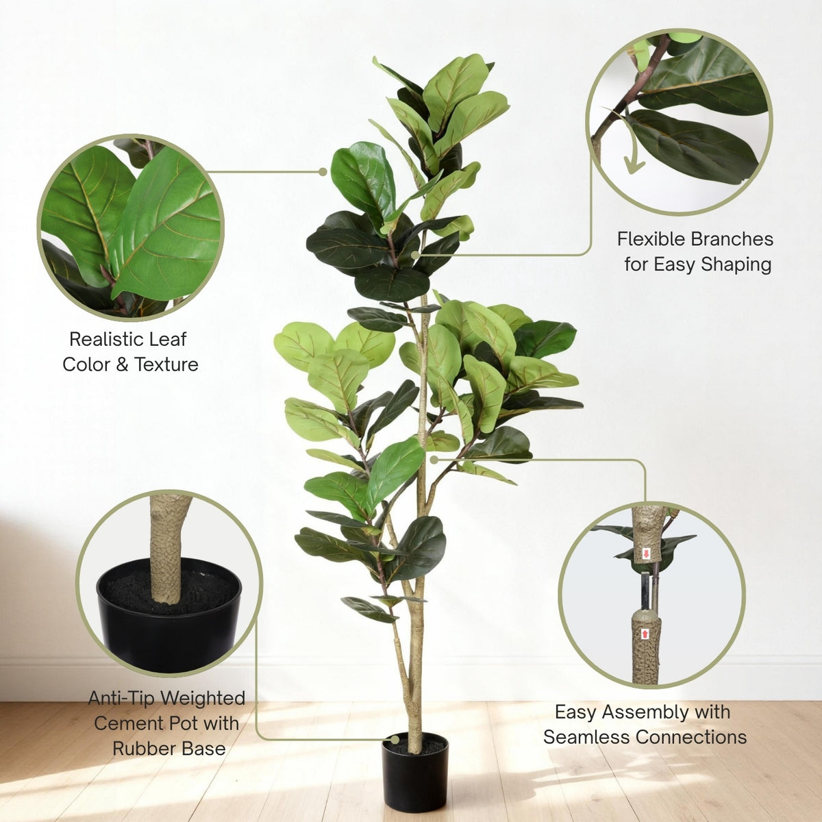 6FT Artificial Fiddle Leaf Fig Tree, Realistic Faux Fiddle Leaf Fig Plant with Fabric Leaves & Plastic Branches, Low Mai