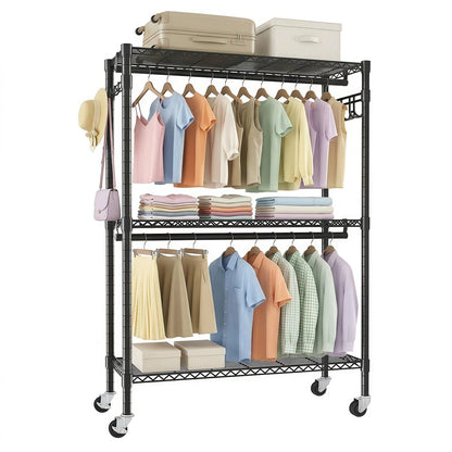 Rolling Clothes Rack with Shelves and Lockable Wheels