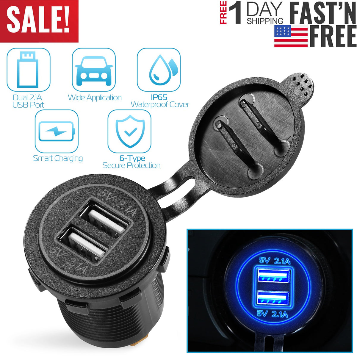 Dual USB Car Charger 12-24V Waterproof Cigarette Lighter Socket
