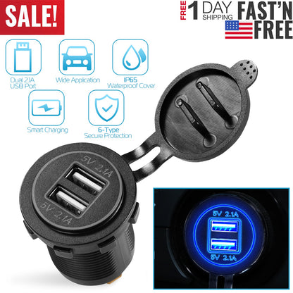 Dual USB Car Charger 12-24V Waterproof Cigarette Lighter Socket