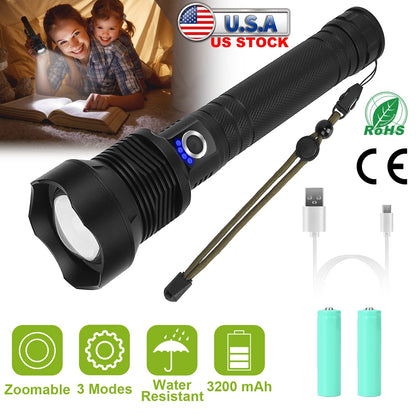 Rechargeable LED Tactical Flashlight 30000LM Zoomable