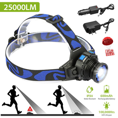 LED Headlamp 25000LM Rechargeable with Adjustable Beam