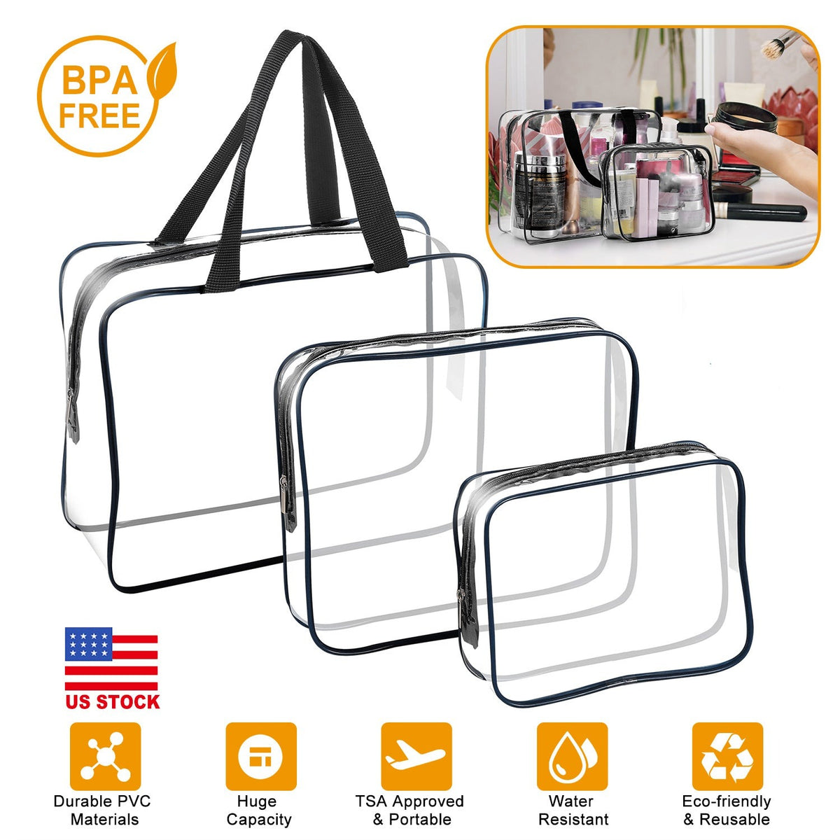 3Pcs Clear Travel Makeup Bags