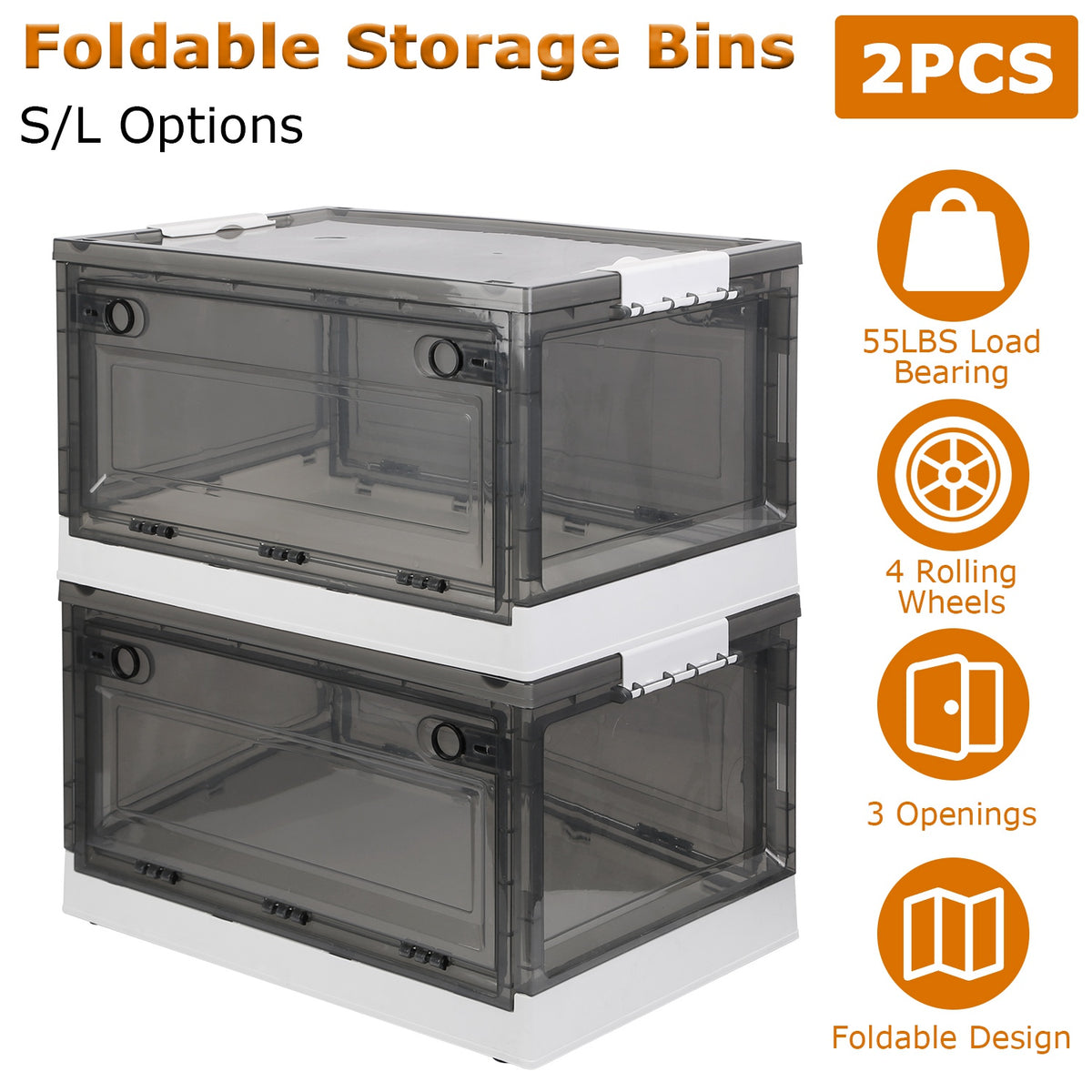 Foldable Storage Bins with Wheels - 2 Pack Stackable Organizer