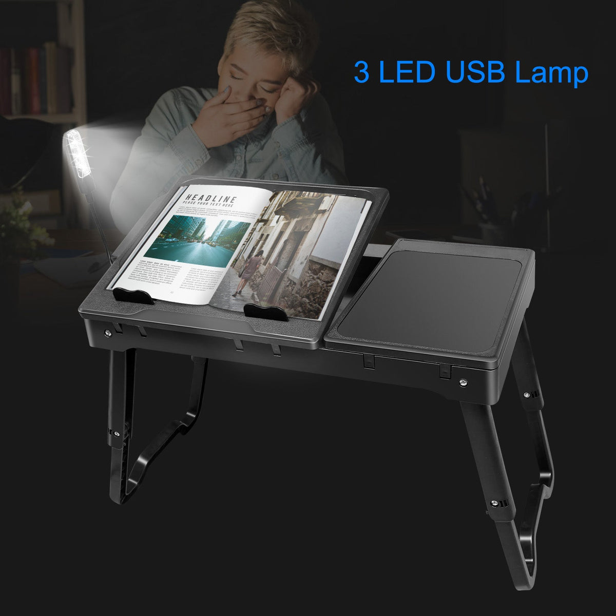 Foldable Laptop Table Bed Notebook Desk w/Cooling Fan Mouse Board LED light 4 x USB Ports Breakfast Snacking Tray with Storage Groove For Home Office