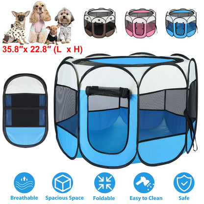 Foldable Pet Playpen with Mesh Panels and Zipper Top