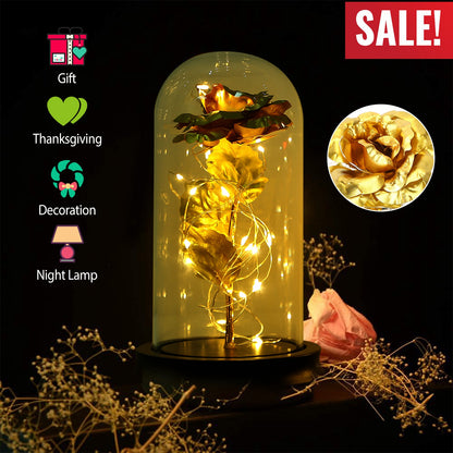 LED Rose in Glass Dome with Fairy Lights - Gold Foil Flower