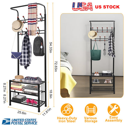 Entryway Hall Tree with Shoe Bench and 18 Hooks