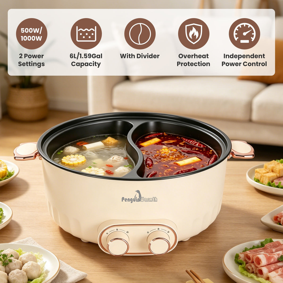Electric Hot Pot with Divider 6L Dual Control 2000W