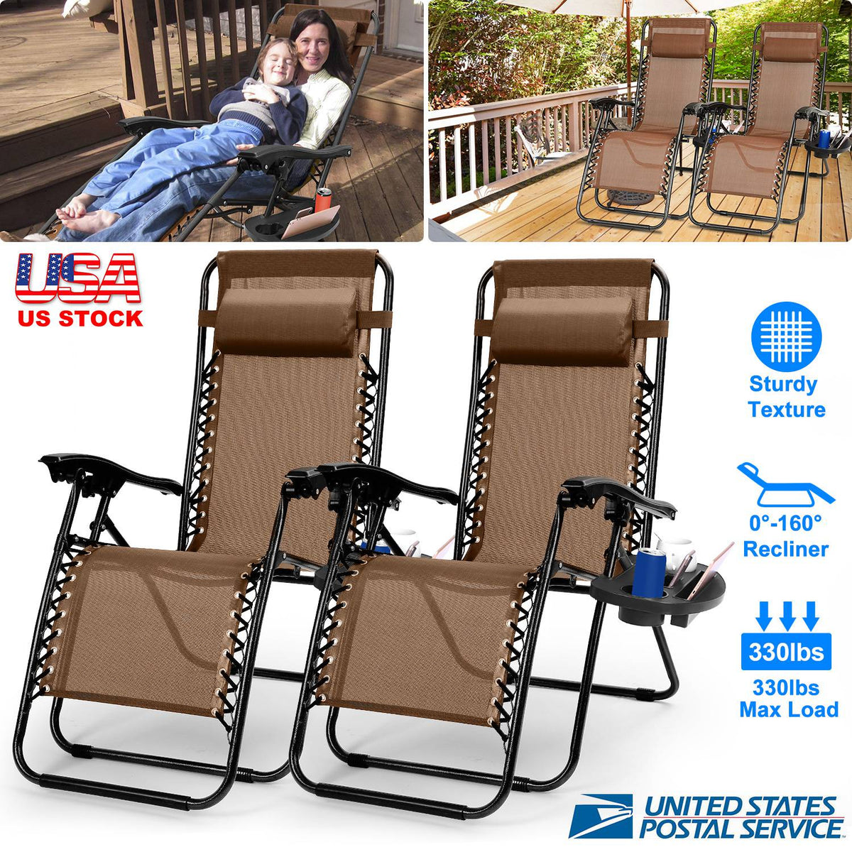 Zero Gravity Lounge Chair Set with Side Trays (2-Pack)