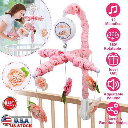 Musical Crib Mobile with 12 Melodies & Flower Rattles