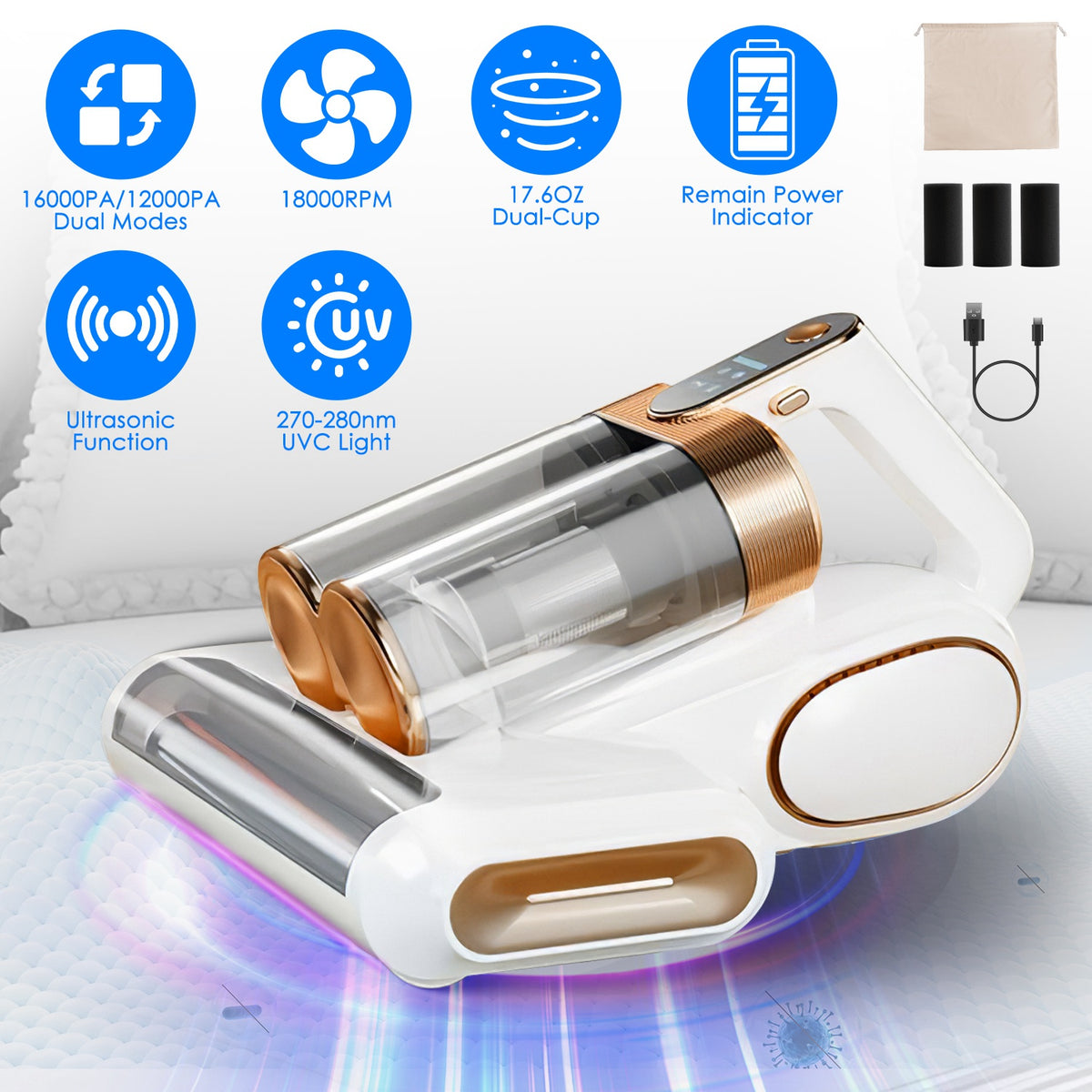 Mattress Vacuum Cleaner with UV Light & 16KPA Suction