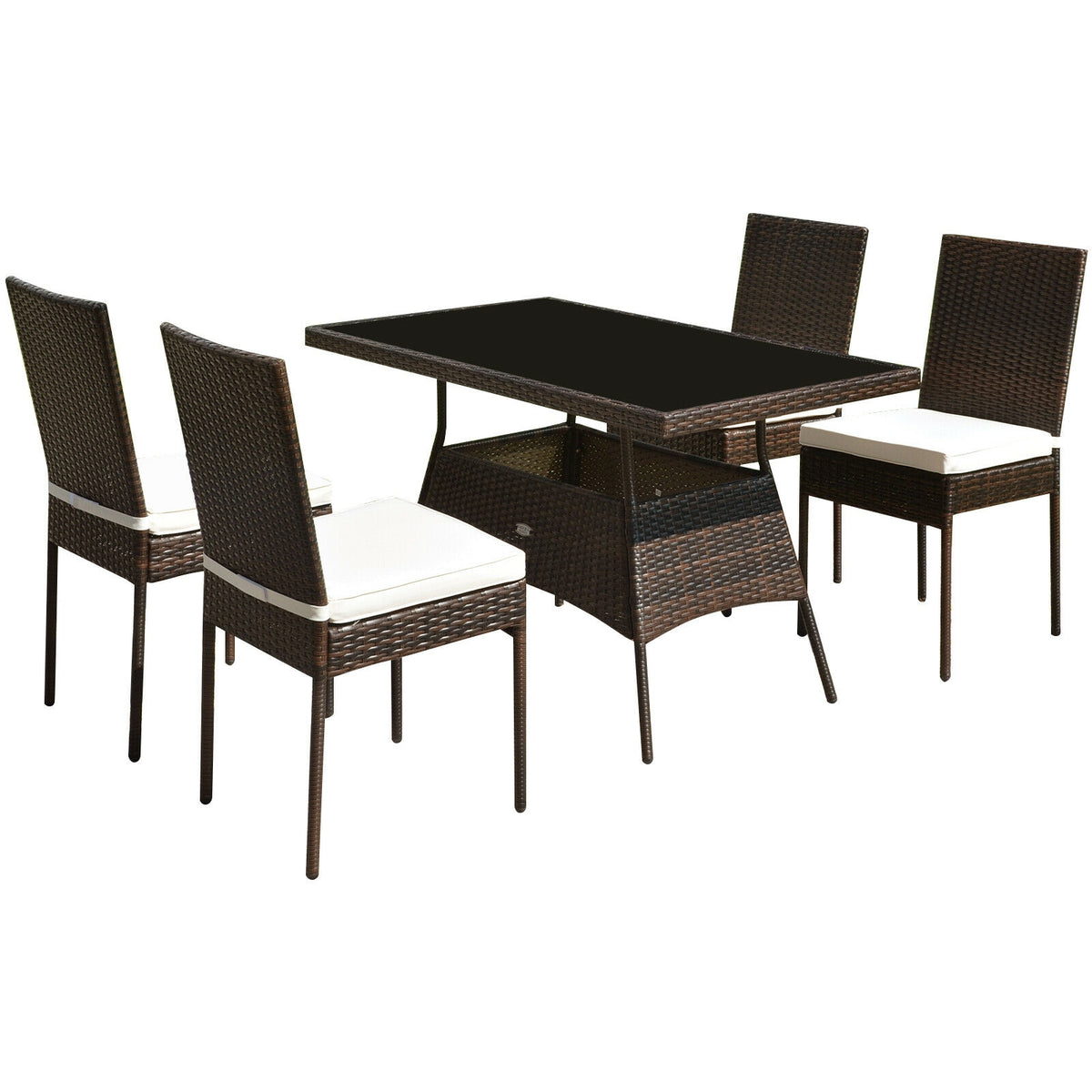 5-Piece Rattan Patio Dining Set with Glass Table & Cushions