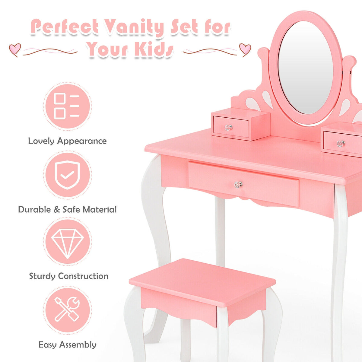 Kids Vanity Table Set with Mirror, Drawer & Stool - Pink