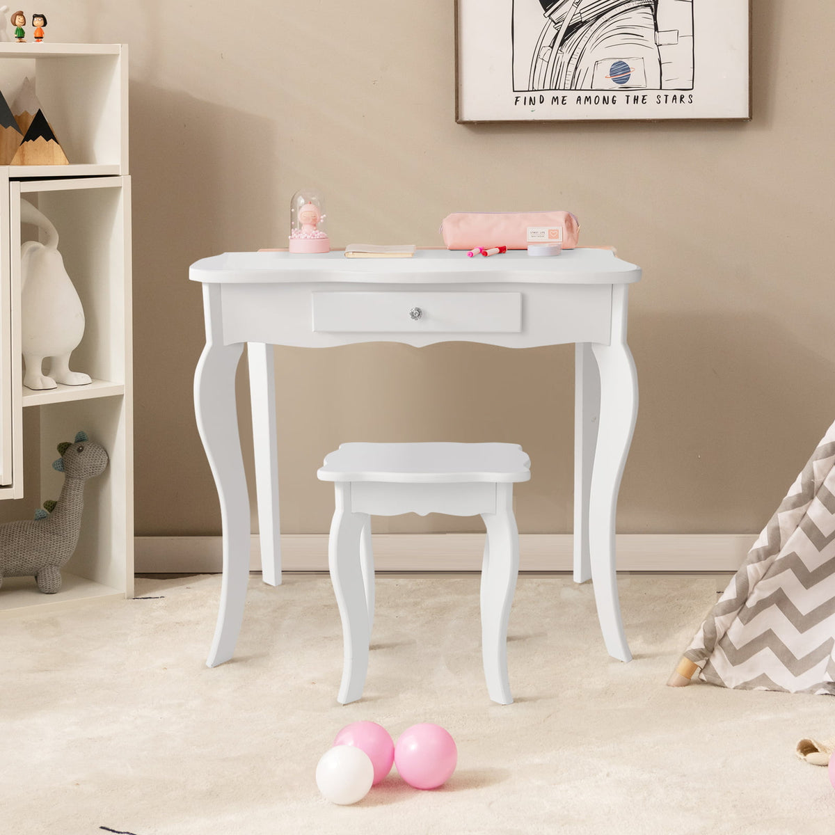 Kids Vanity Table and Stool Set with Mirror and Drawer