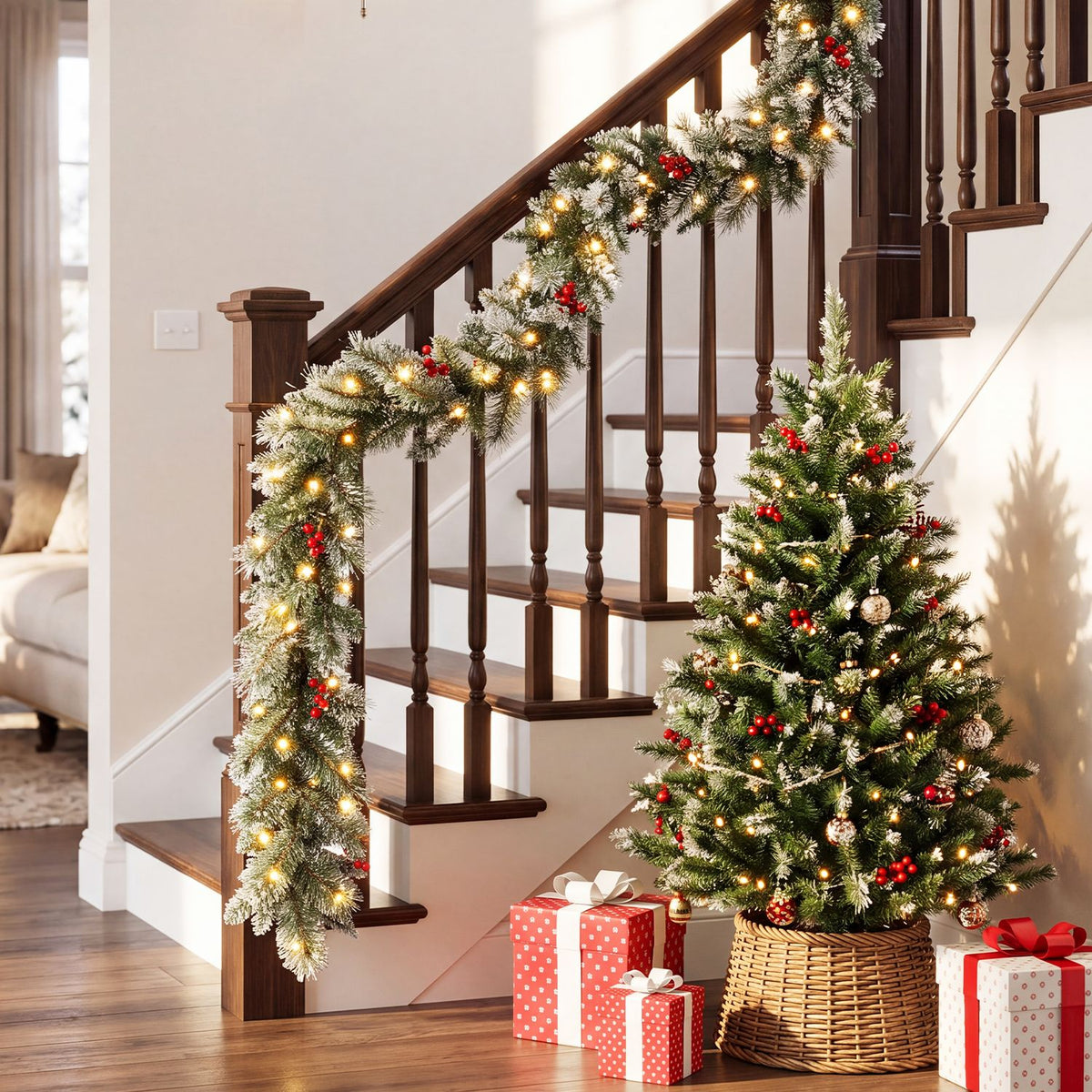 9 FT Christmas Garland with Timer Function and 180 Frosted Branch Tips 50 Warm White LED Lights