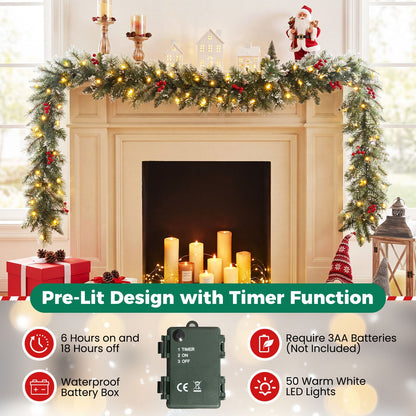 9 FT Christmas Garland with Timer Function and 180 Frosted Branch Tips 50 Warm White LED Lights