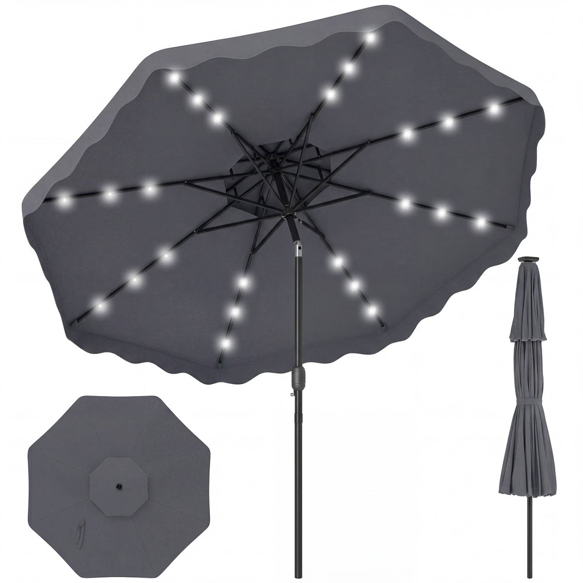 9 FT Solar LED Patio Umbrella Push-Button Tilt and Crank 24 LED Lights and 8 Ribs