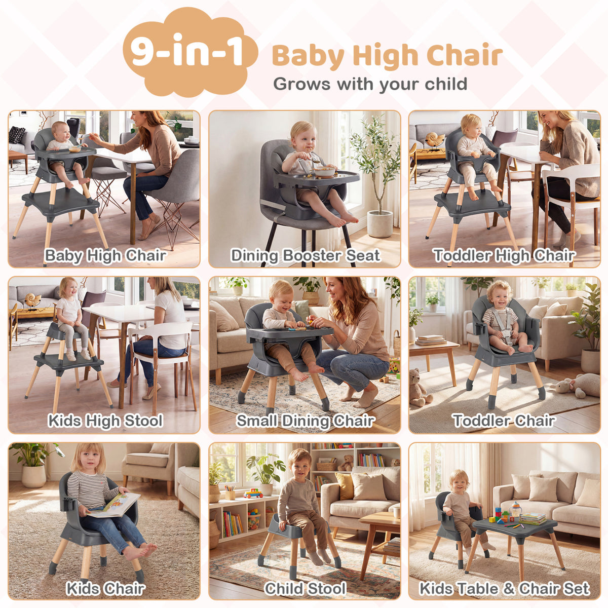 9-in-1 Convertible High Chair with Solid Wood Legs