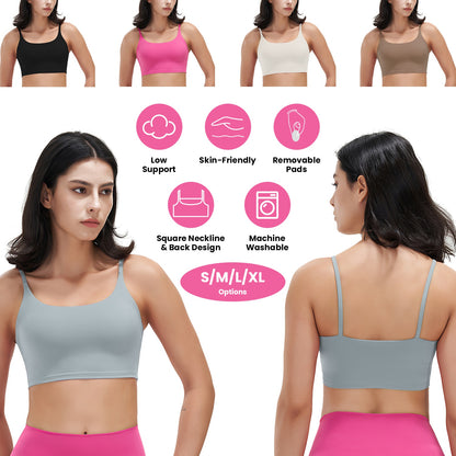 Women Strap Sport Bras Padded Strappy Crop Square Neck Low Impact Bras Sexy Fitness Tank Tops with Removable Pads Flat Straps for Gym Yoga Workout Run