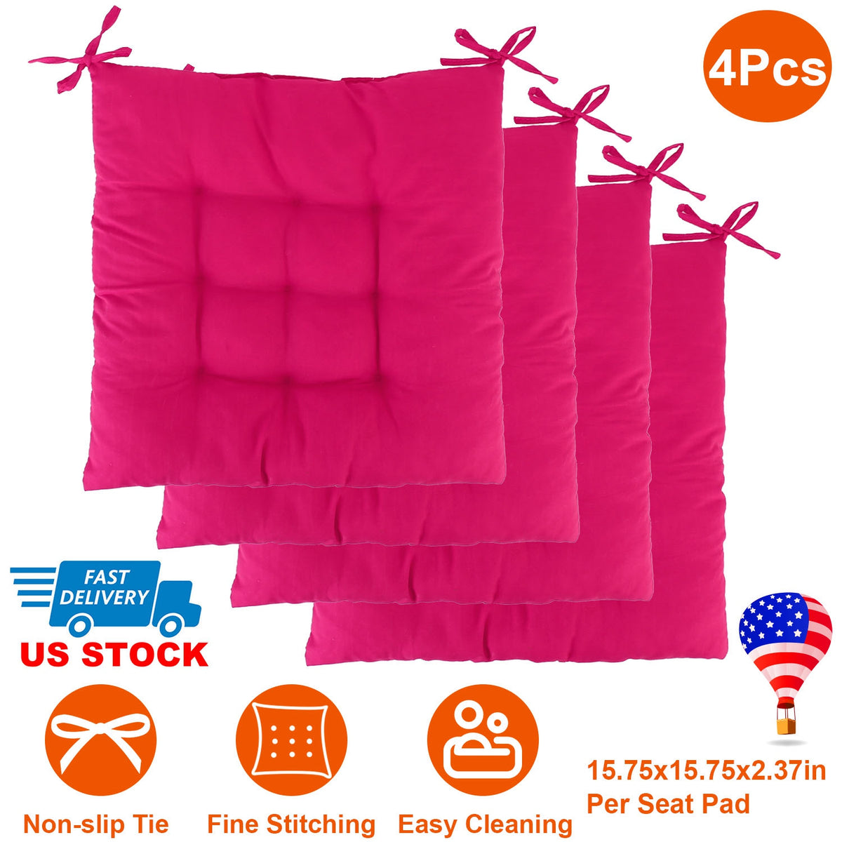 4Pcs Chair Cushion Pads Pillow 15.75x15.75x2.37in Soft Tie On Square Sitting Mats For Home Office Car Sitting Travel