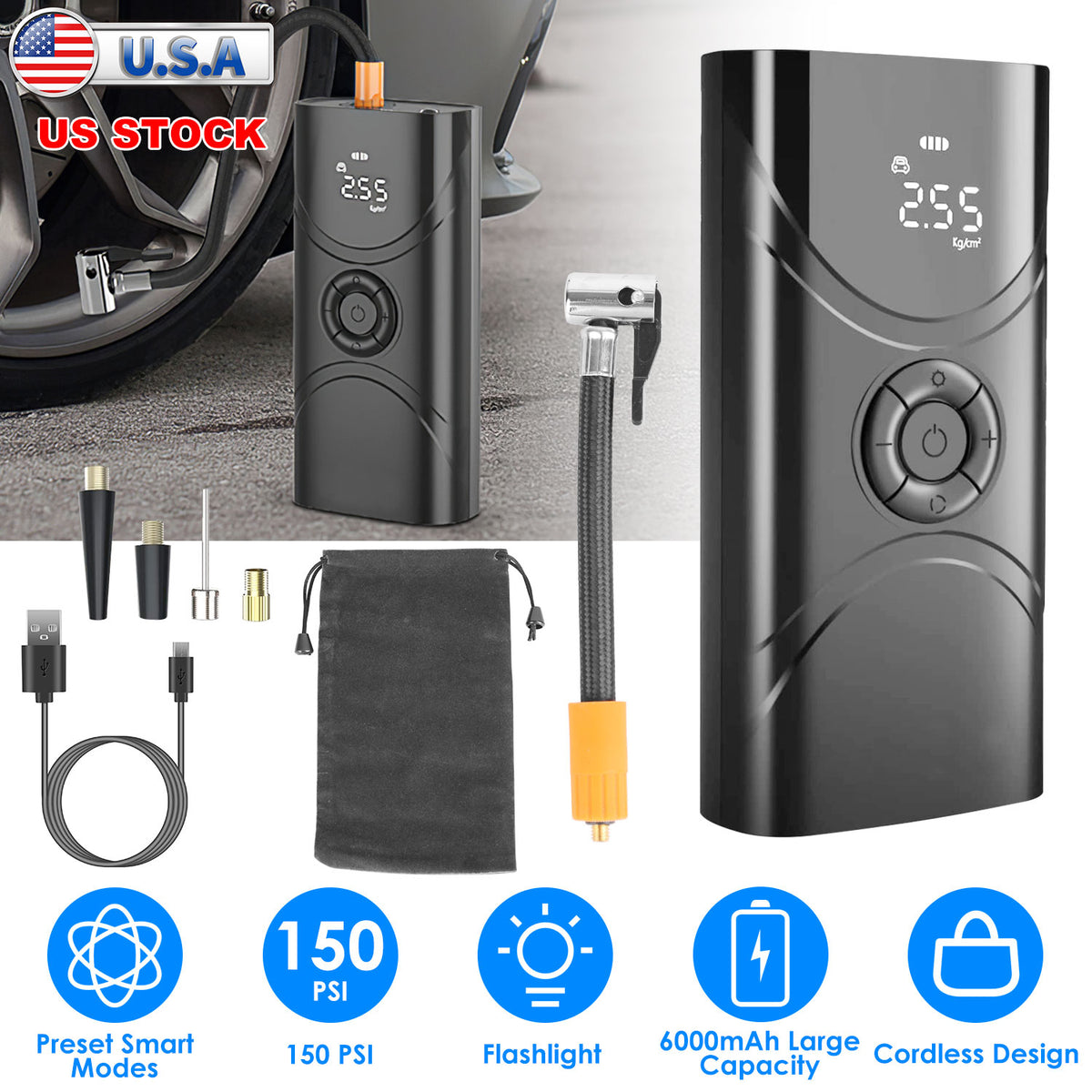 Portable Tire Inflator 150 PSI Wireless Air Compressor 6000mAh